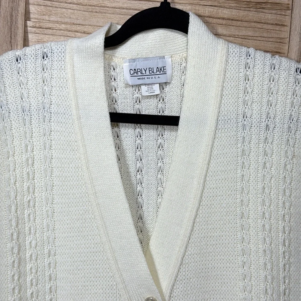 Carly Blake Ivory V-Neck Knit Button Down Sweater Vest Two Front Pockets Size L
